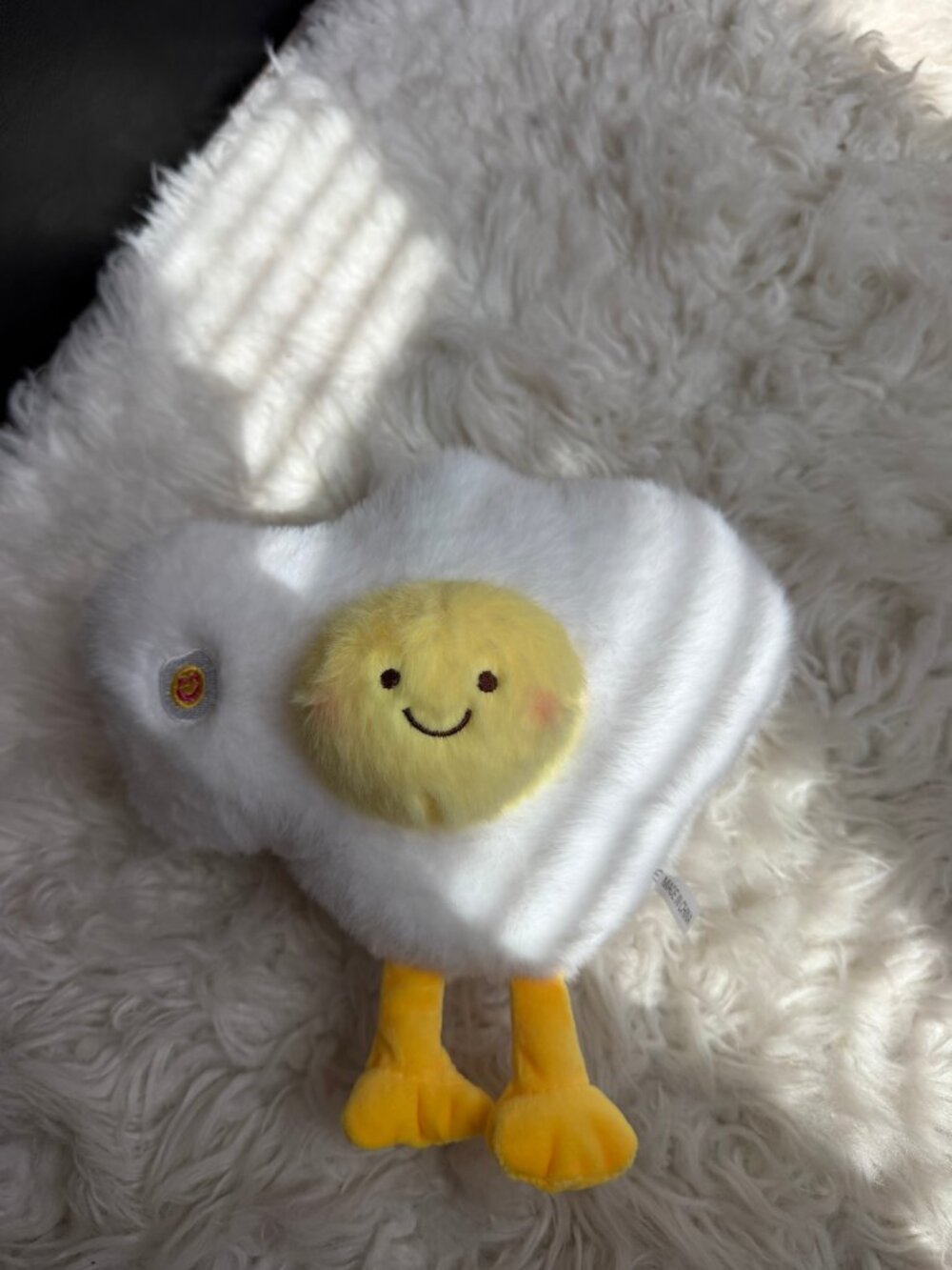 Fried Egg Plush with Smiley Yolk and Legs, New with Tags